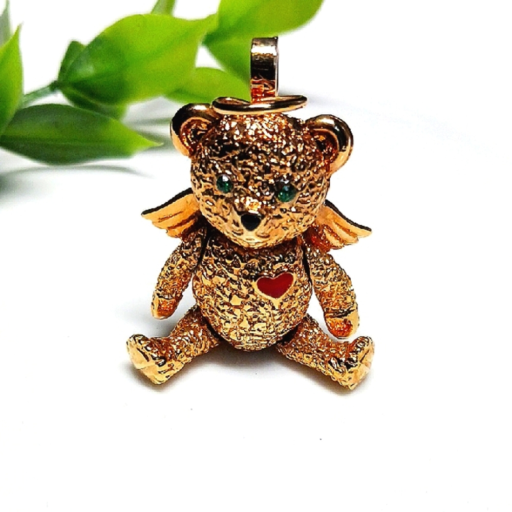 BATYA Gold Angel Bear Brooch and Pendant, with Red Heart and Emerald Green Eyes
